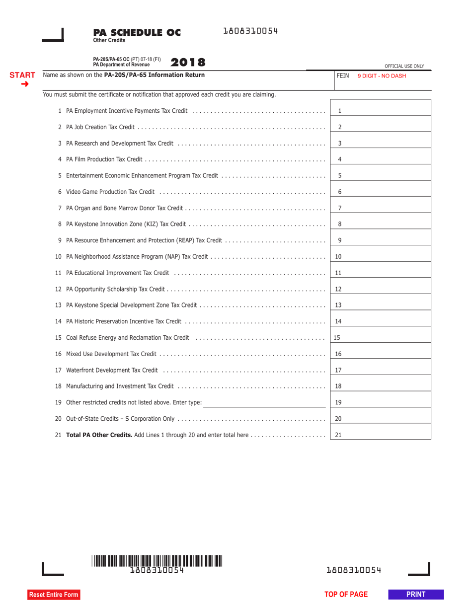 Form PA-20S (PA-65 OC) Schedule OC Other Credits - Pennsylvania, Page 1
