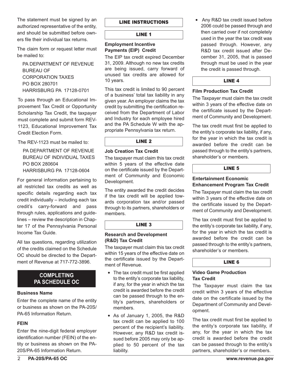 Form PA-20S (PA-65 OC) Schedule OC Other Credits - Pennsylvania, Page 4