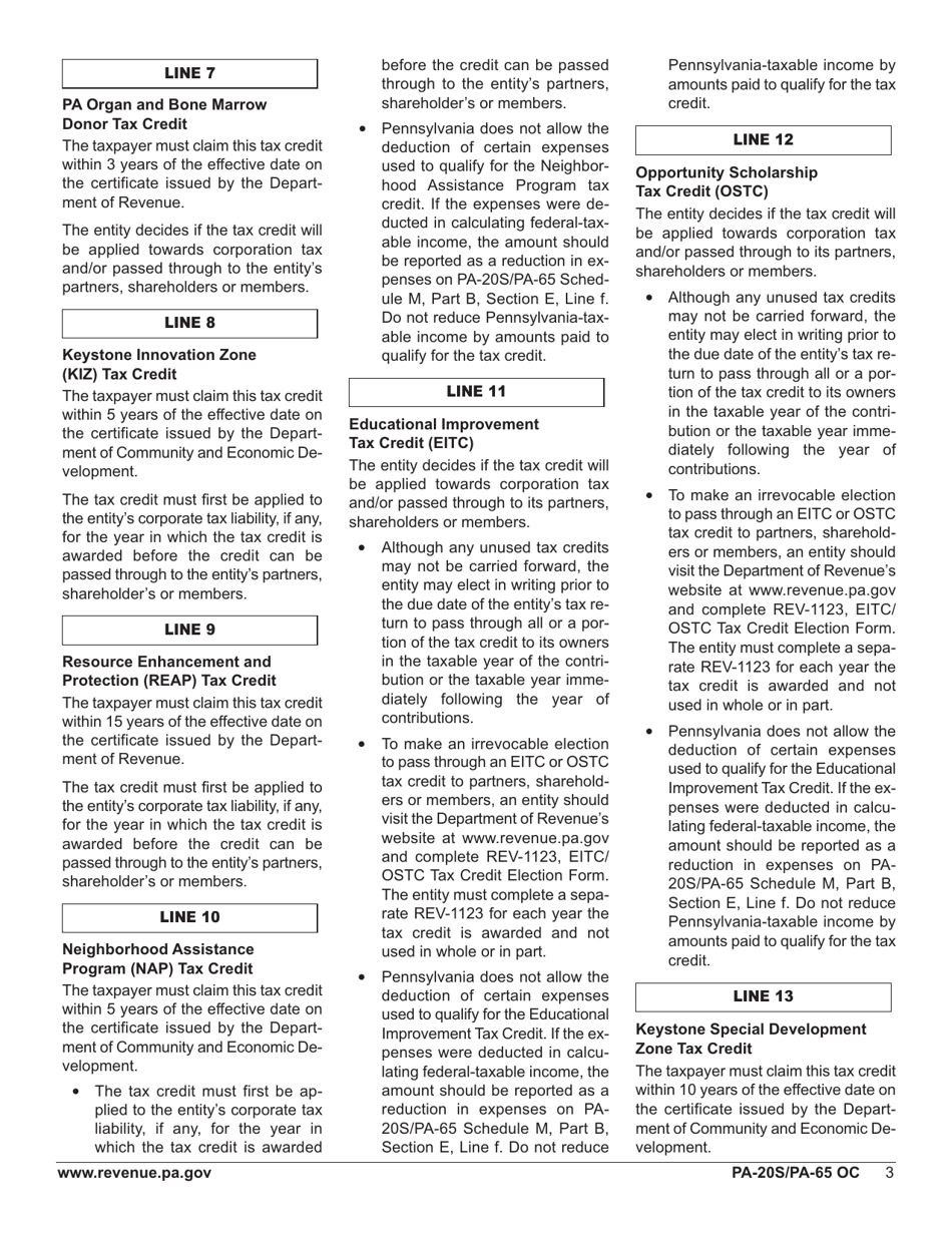 Form PA-20S (PA-65 OC) Schedule OC Other Credits - Pennsylvania, Page 5