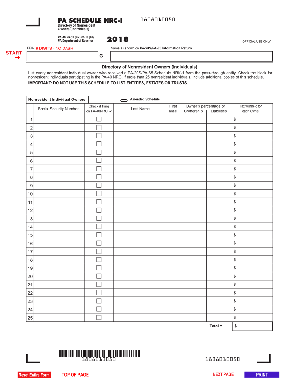 Form PA-40 Schedule NRC-I Directory of Nonresident Owners (Individuals) - Pennsylvania, Page 1