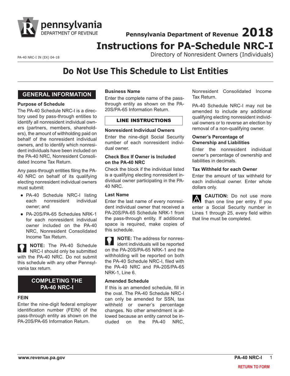 Form PA-40 Schedule NRC-I Directory of Nonresident Owners (Individuals) - Pennsylvania, Page 3
