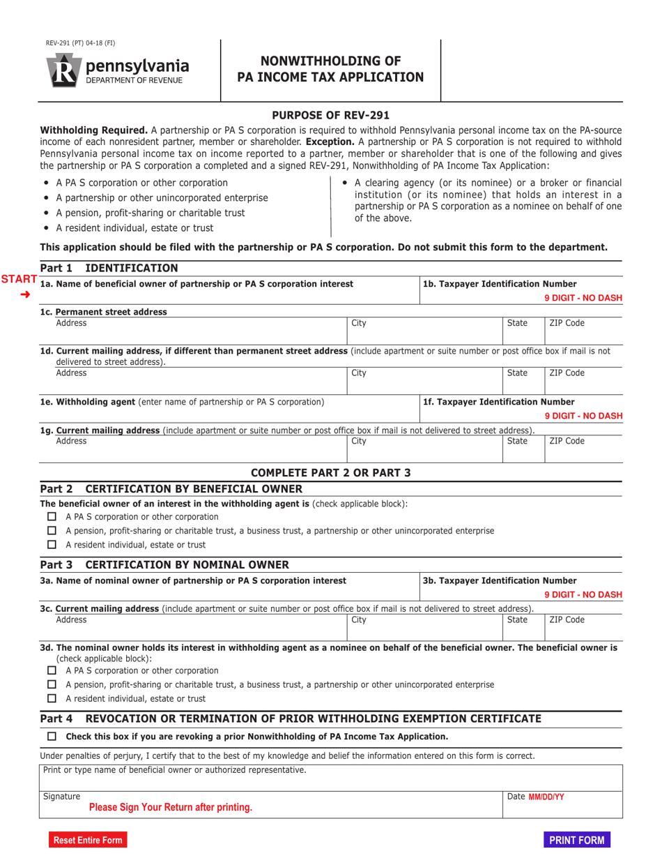 Form REV-291 Nonwithholding of Pa Income Tax Application - Pennsylvania, Page 1