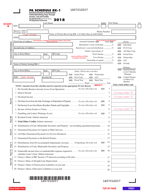 Form PA-20S (PA-65 RK-1) Schedule RK-1 Resident Schedule of Shareholder/Partner/Beneficiary Pass Through Income, Loss and Credits - Pennsylvania, 2018