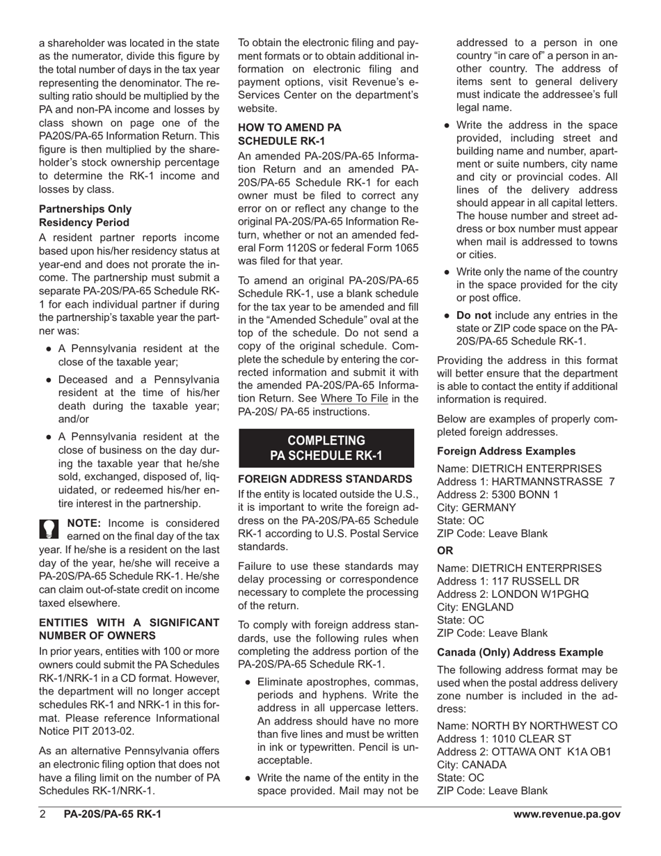 Form PA-20S (PA-65 RK-1) Schedule RK-1 Resident Schedule of Shareholder / Partner / Beneficiary Pass Through Income, Loss and Credits - Pennsylvania, Page 4