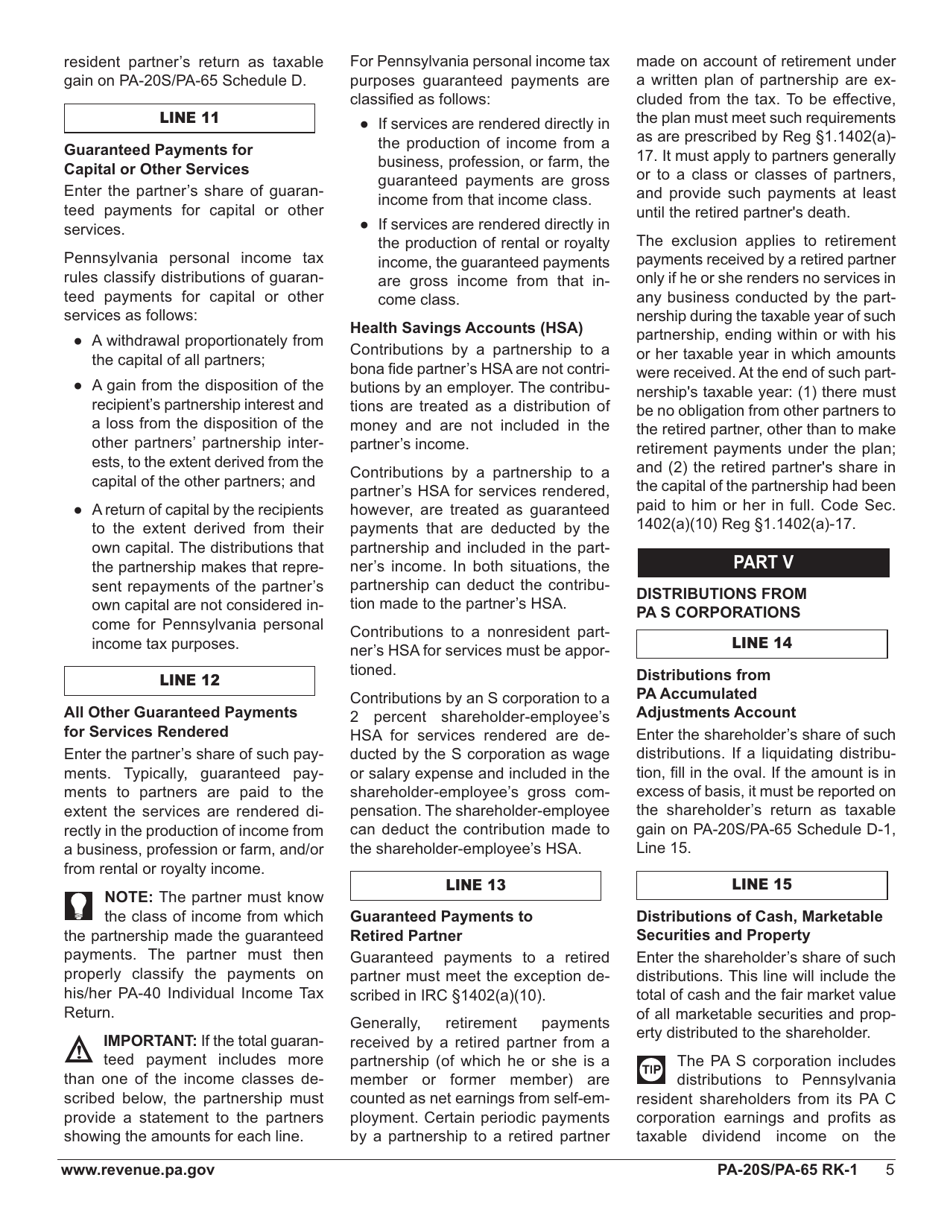 Form PA-20S (PA-65 RK-1) Schedule RK-1 Resident Schedule of Shareholder / Partner / Beneficiary Pass Through Income, Loss and Credits - Pennsylvania, Page 7
