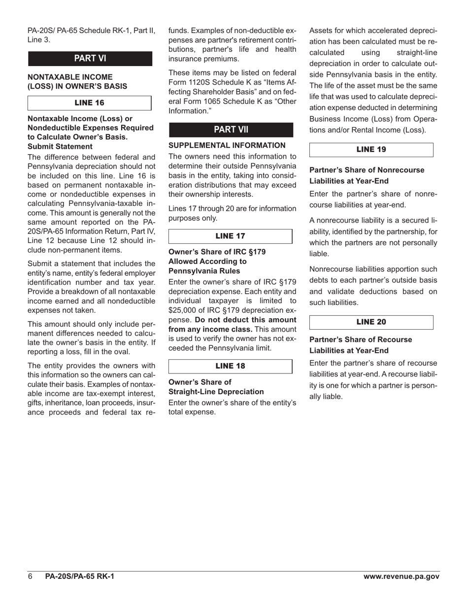 Form PA-20S (PA-65 RK-1) Schedule RK-1 Resident Schedule of Shareholder / Partner / Beneficiary Pass Through Income, Loss and Credits - Pennsylvania, Page 8