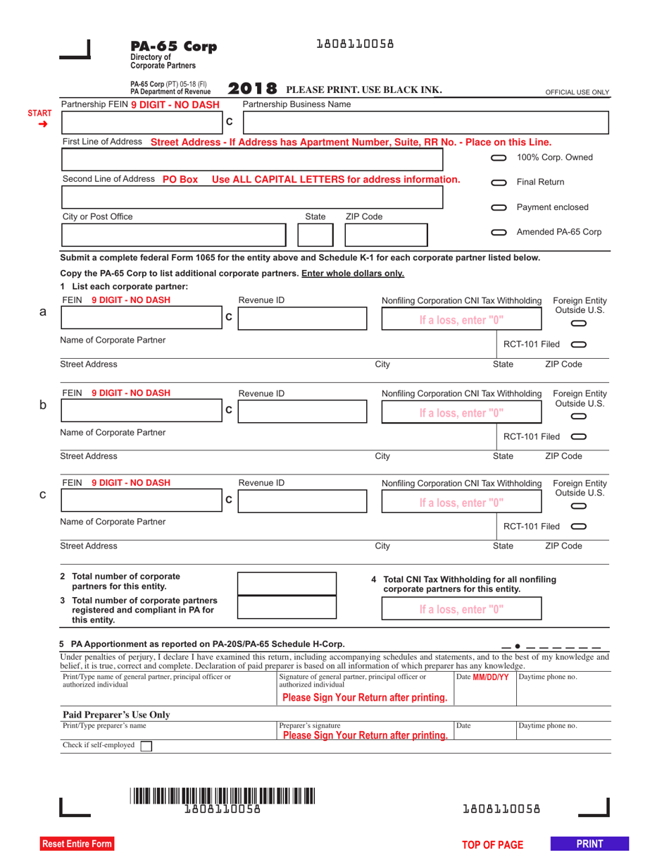 Form PA65 CORP 2018 Fill Out, Sign Online and Download Fillable