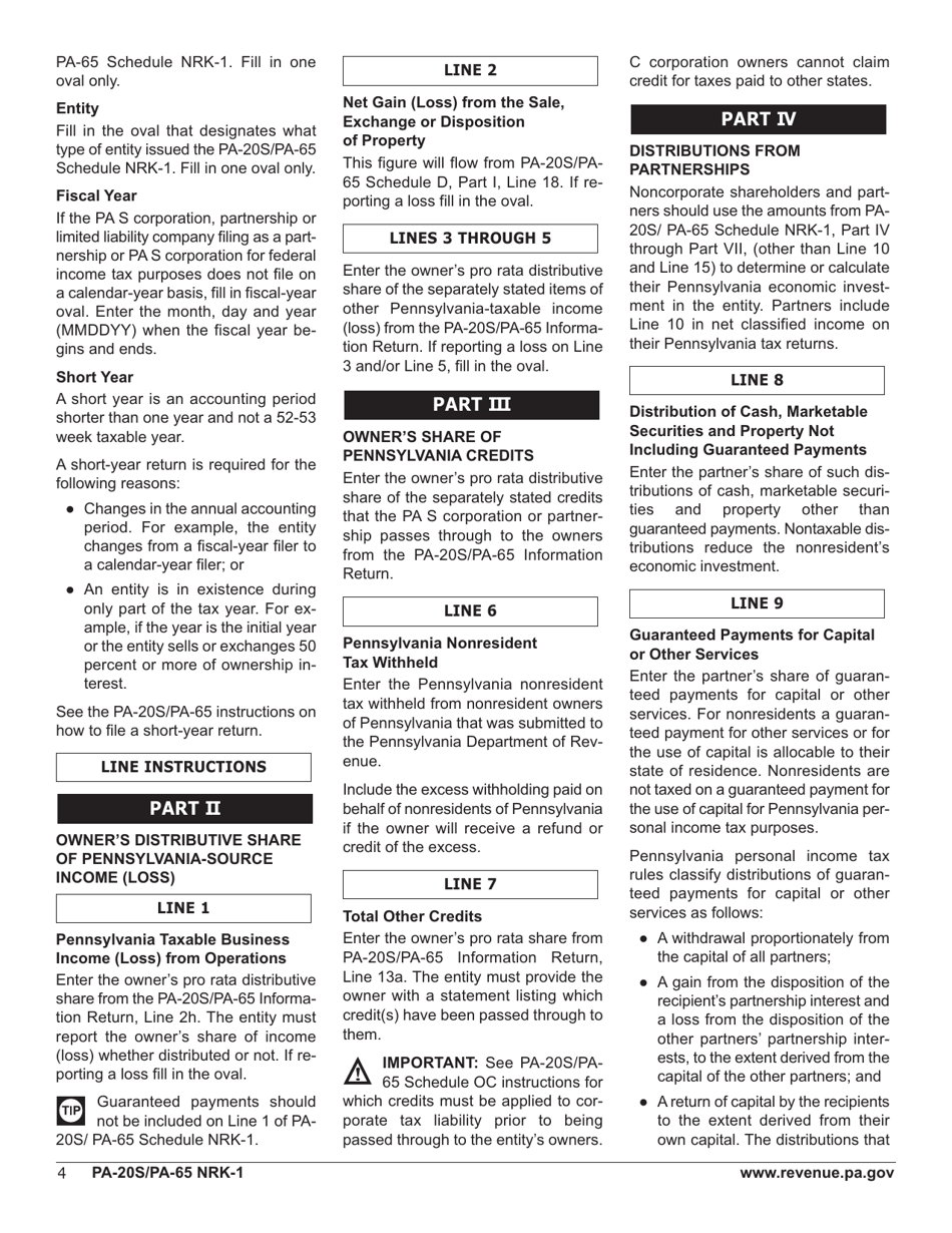 Form PA-20S (PA-65 NRK-1) Schedule NRK-1 Nonresident Schedule of Shareholder / Partner / Beneficiary Pass Through Income, Loss and Credits - Pennsylvania, Page 6