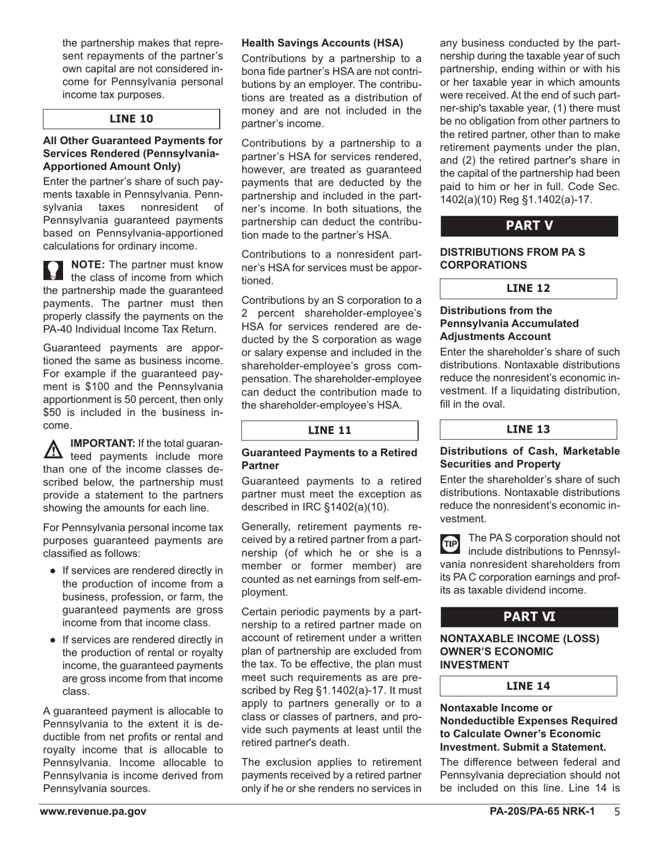 Form PA-20S (PA-65 NRK-1) Schedule NRK-1 Nonresident Schedule of Shareholder / Partner / Beneficiary Pass Through Income, Loss and Credits - Pennsylvania, Page 7