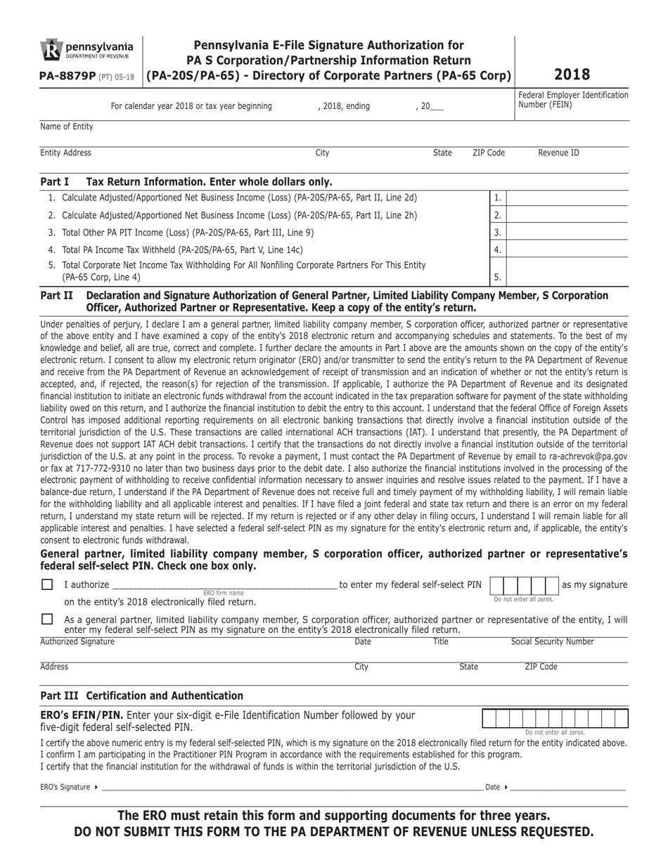 Form PA-8879P Pennsylvania E-File Signature Authorization for Pa S Corporation / Partnership Information Return (Pa-20s / Pa-65) - Directory of Corporate Partners (Pa-65 Corp) - Pennsylvania, Page 1