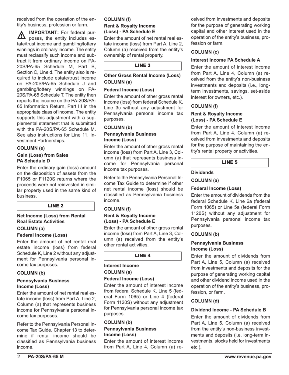 Form PA-20S (PA-65 M) Schedule M Reconciliation of Federal-Taxable Income (Loss) to Pa-Taxable Income (Loss) - Pennsylvania, Page 4