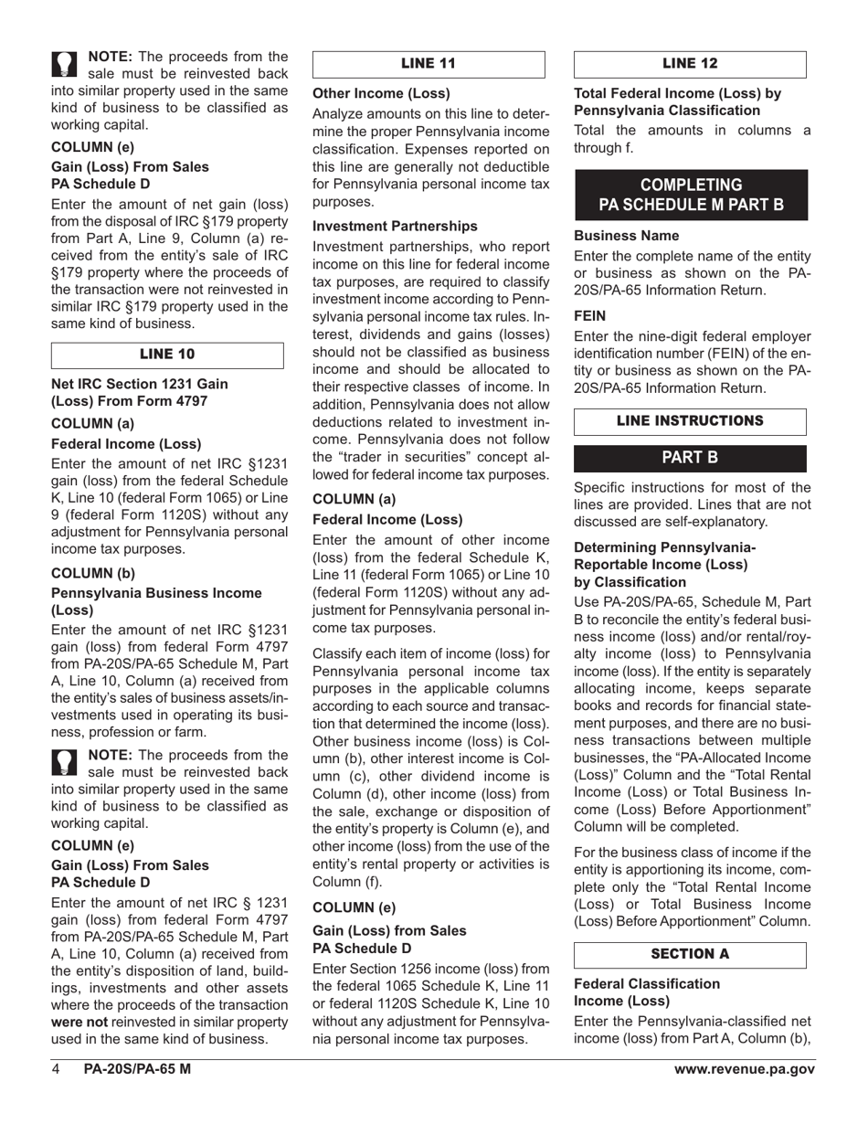Form PA-20S (PA-65 M) Schedule M Reconciliation of Federal-Taxable Income (Loss) to Pa-Taxable Income (Loss) - Pennsylvania, Page 6