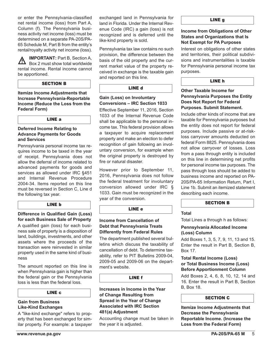 Form PA-20S (PA-65 M) Schedule M Reconciliation of Federal-Taxable Income (Loss) to Pa-Taxable Income (Loss) - Pennsylvania, Page 7