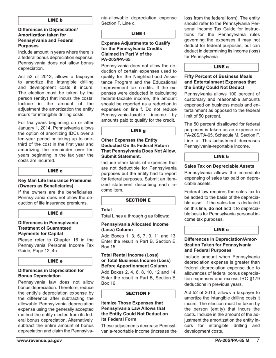 Form PA-20S (PA-65 M) Schedule M Reconciliation of Federal-Taxable Income (Loss) to Pa-Taxable Income (Loss) - Pennsylvania, Page 9