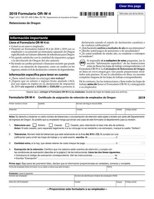 Formulario 150-101-402-5 (OR-W-4) Certificado De Asignacion De Retencion De Empleados - Oregon (Spanish), 2019