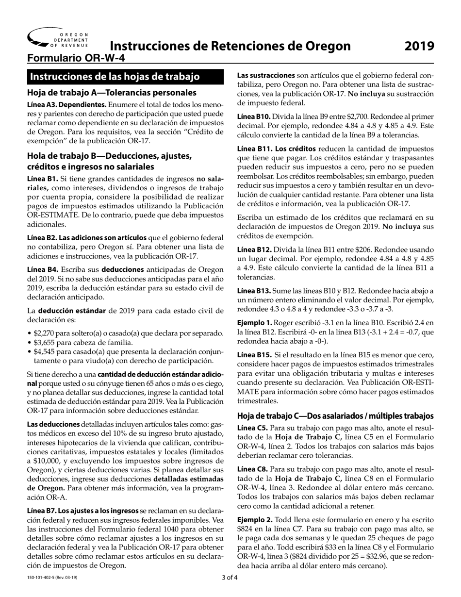 Formulario 150-101-402-5 (OR-W-4) Certificado De Asignacion De Retencion De Empleados - Oregon (Spanish), Page 7