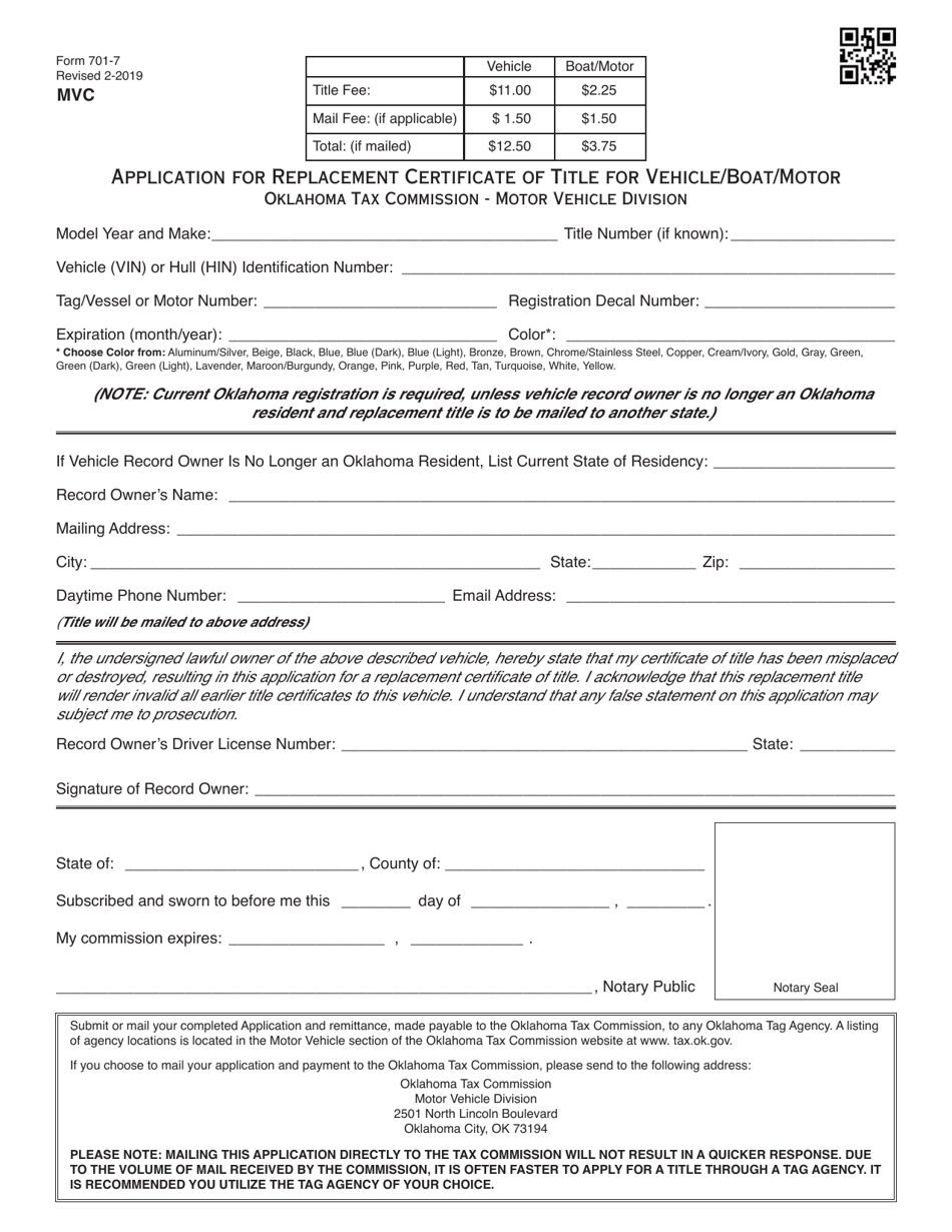 OTC Form 701-7 Application for Replacement Certificate of Title for Vehicle/Boat/Motor - Oklahoma, Page 1