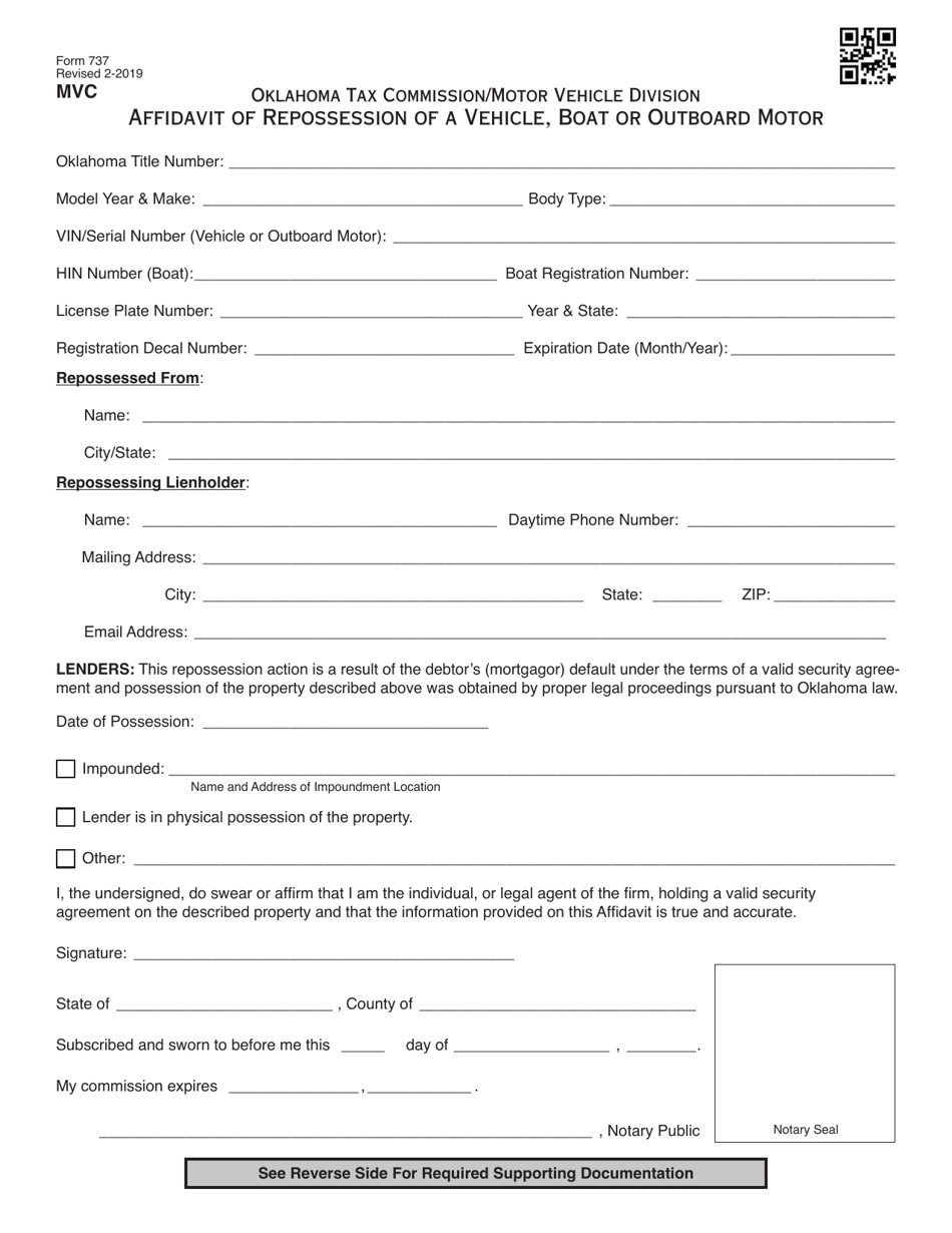 OTC Form 737 Affidavit of Repossession of a Vehicle, Boat or Outboard Motor - Oklahoma, Page 1