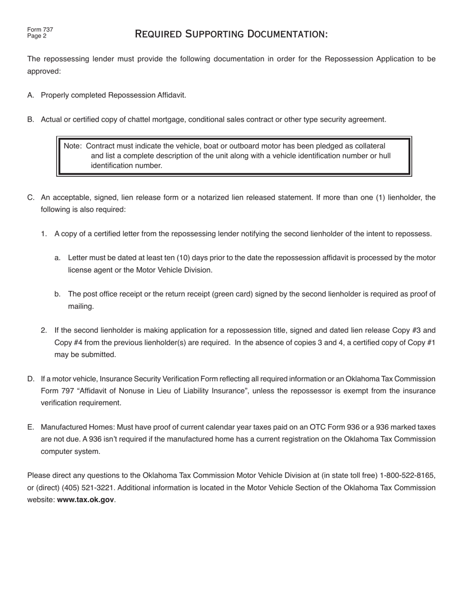 OTC Form 737 Affidavit of Repossession of a Vehicle, Boat or Outboard Motor - Oklahoma, Page 2