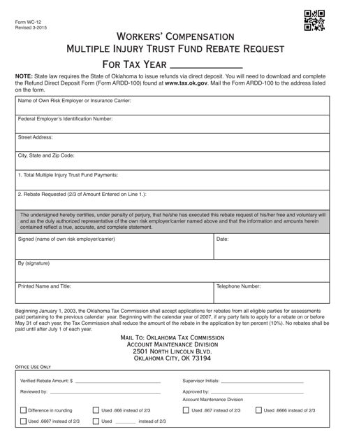 OTC Form WC-12 Workers' Compensation Multiple Injury Trust Fund Rebate Request - Oklahoma