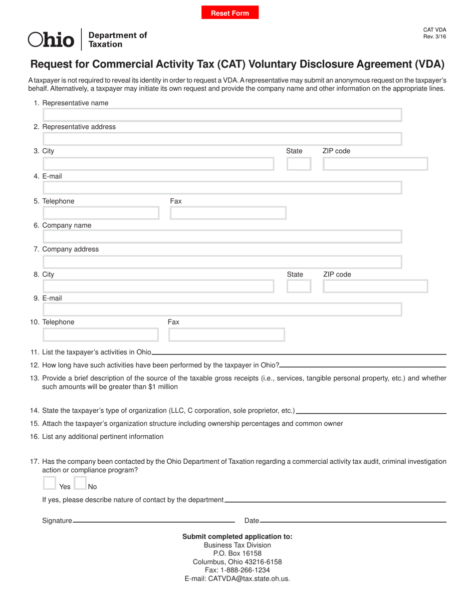 Form CAT VDA Request for Commercial Activity Tax Voluntary Disclosure Agreement - Ohio, Page 1
