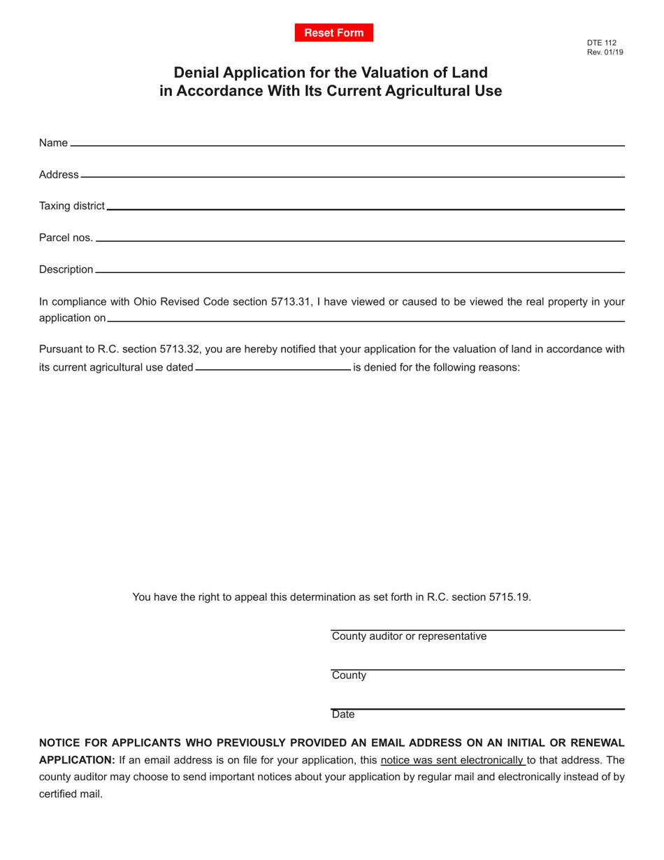 Form DTE112 Denial Application for the Valuation of Land in Accordance With Its Current Agricultural Use - Ohio, Page 1