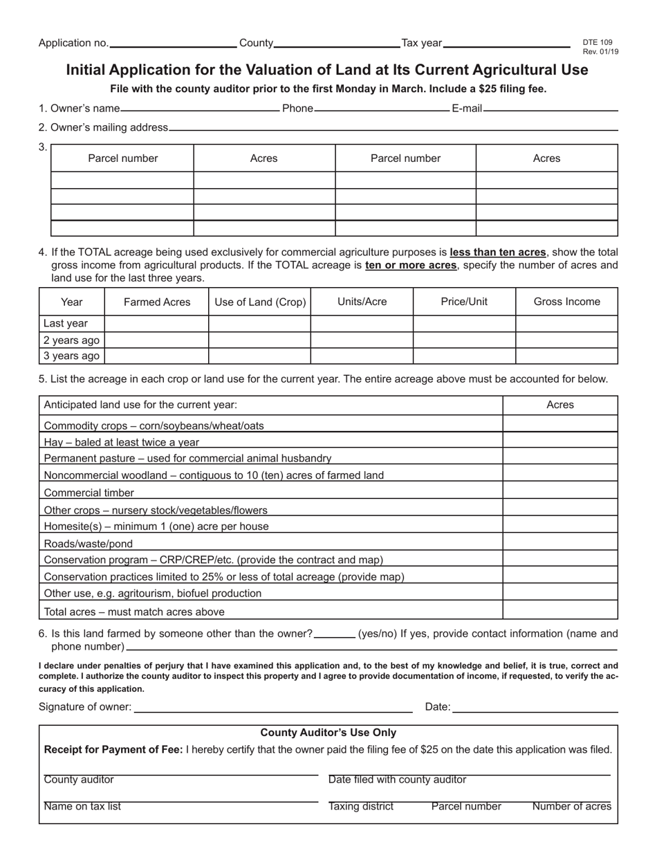 Form DTE109 Initial Application for the Valuation of Land at Its Current Agricultural Use - Ohio, Page 1