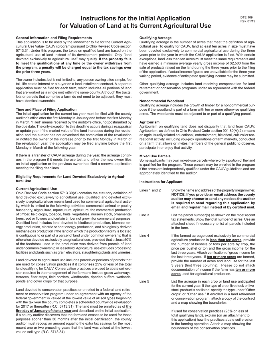 Form DTE109 Initial Application for the Valuation of Land at Its Current Agricultural Use - Ohio, Page 2