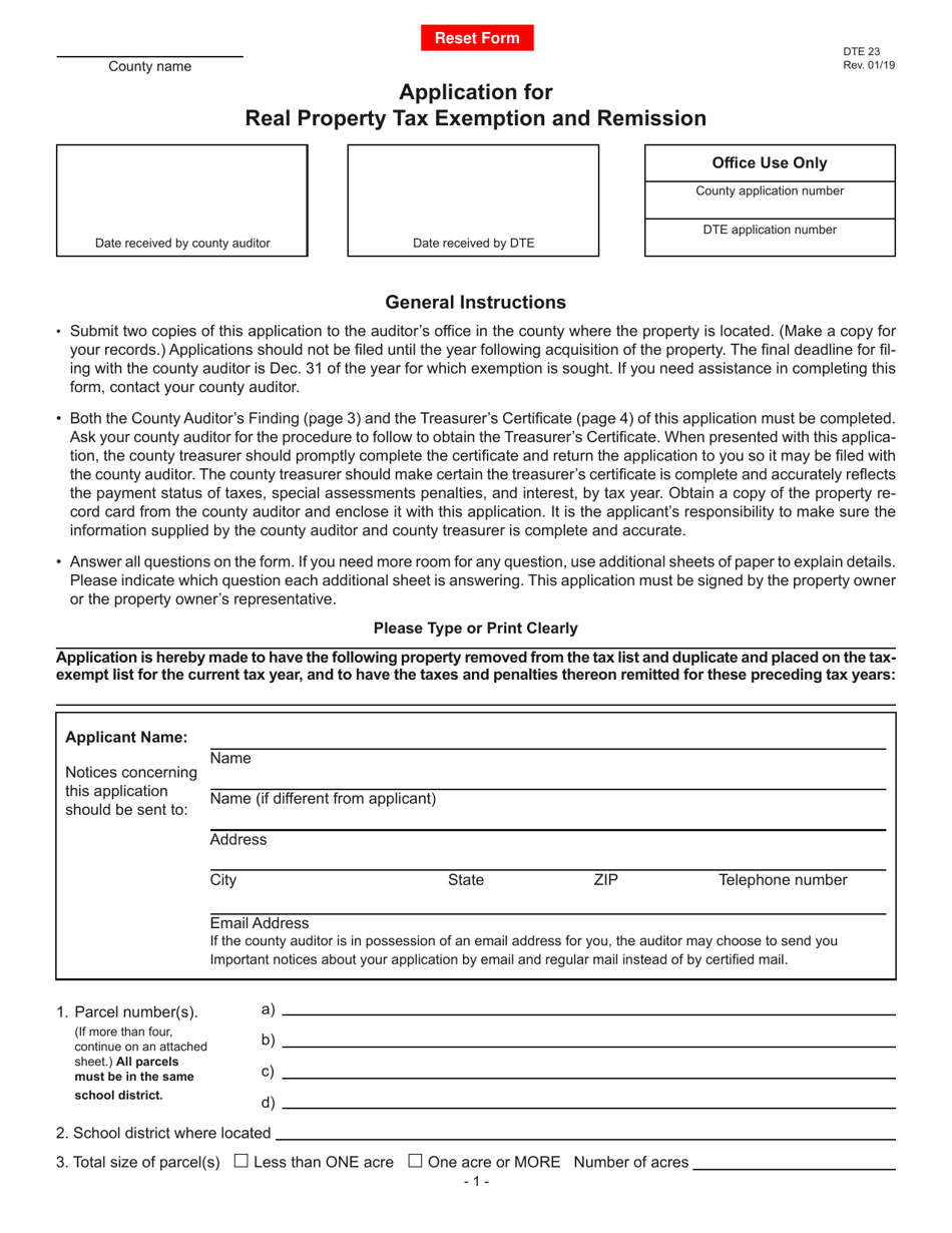 Form DTE23 Application for Real Property Tax Exemption and Remission - Ohio, Page 1