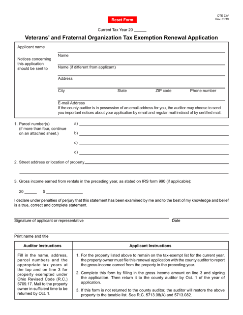 Form DTE23V Veterans' and Fraternal Organization Tax Exemption Renewal Application - Ohio