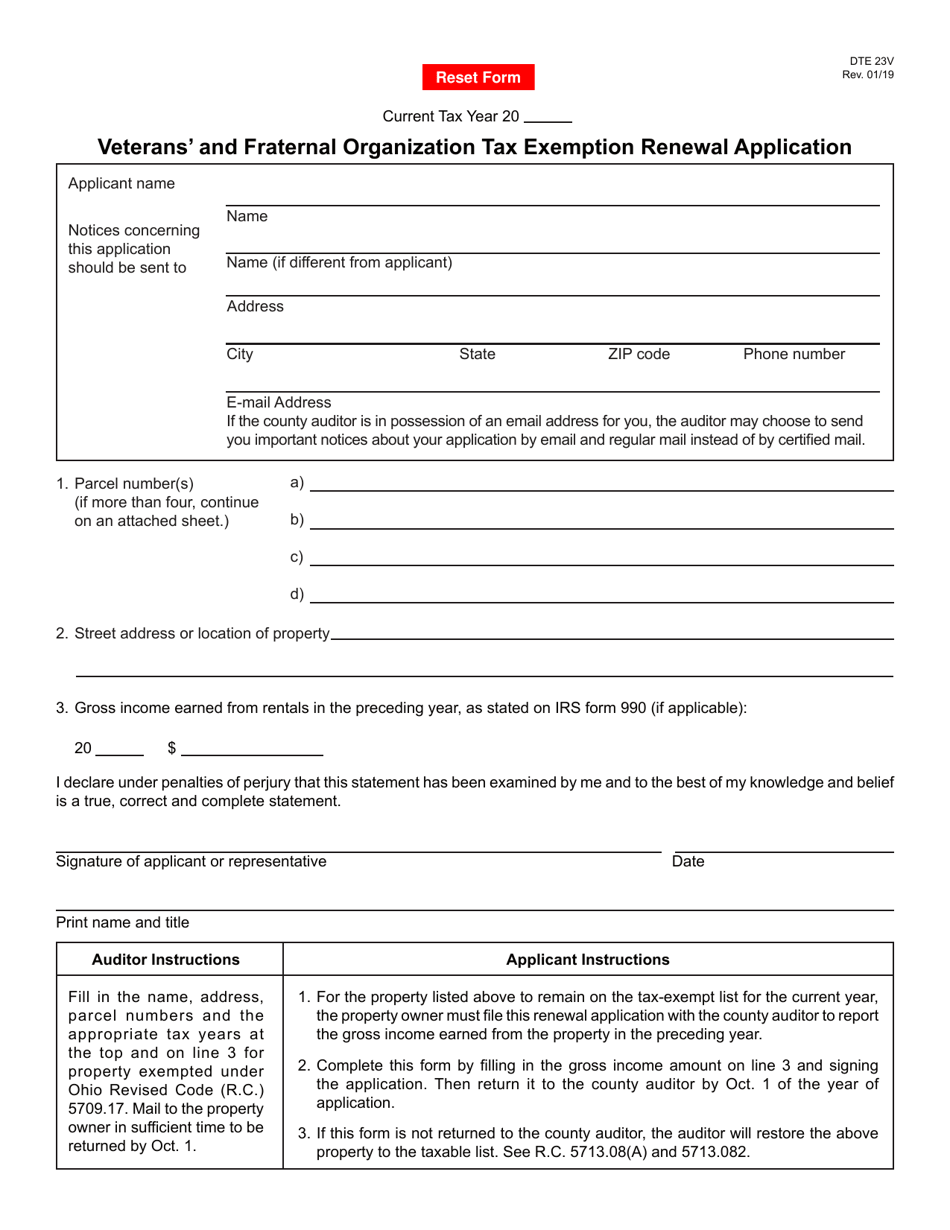 Form DTE23V Veterans and Fraternal Organization Tax Exemption Renewal Application - Ohio, Page 1