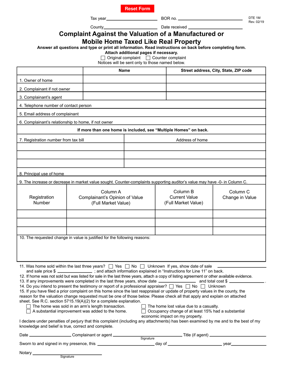 Form DTE1M Complaint Against the Valuation of a Manufactured or Mobile Home Taxed Like Real Property - Ohio, Page 1