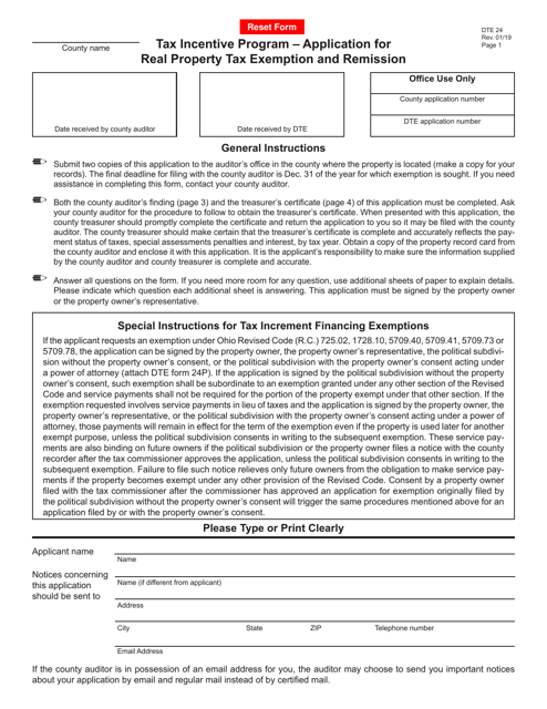 Form DTE24 Tax Incentive Program " Application for Real Property Tax Exemption and Remission - Ohio