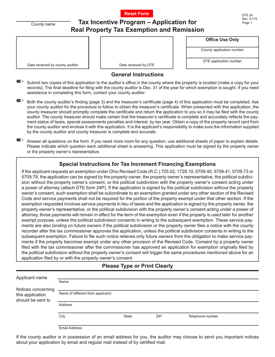 Form DTE24 Tax Incentive Program  Application for Real Property Tax Exemption and Remission - Ohio, Page 1