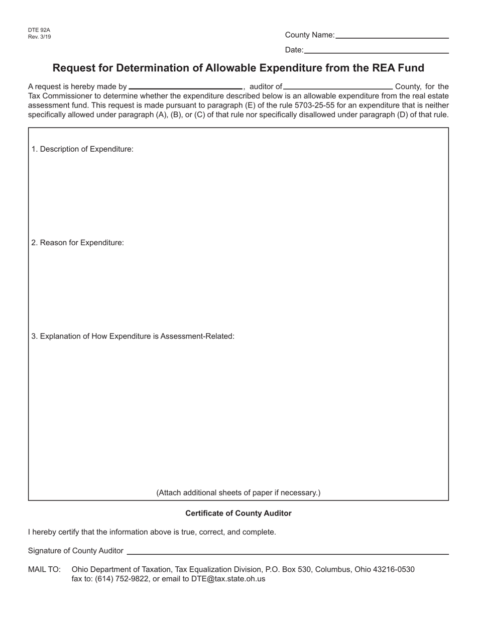Form DTE92A Request for Determination of Allowable Expenditure From the Rea Fund - Ohio, Page 1