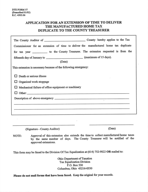 Form DTE57 Application for an Extension of Time to Deliver the Manufactured Home Tax Duplicate to the County Treasurer - Ohio