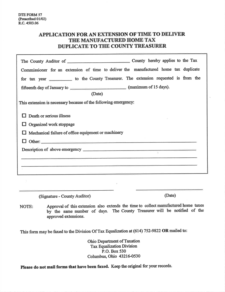 Form DTE57 Application for an Extension of Time to Deliver the Manufactured Home Tax Duplicate to the County Treasurer - Ohio, Page 1