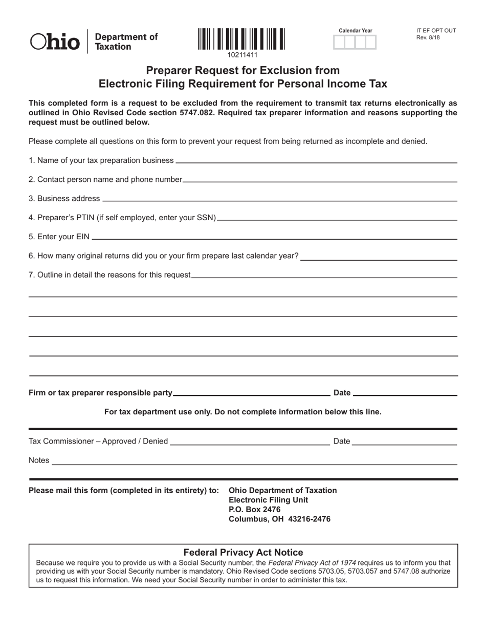 Form IT EF OPT OUT Preparer Request for Exclusion From Electronic Filing Requirement for Personal Income Tax - Ohio, Page 1