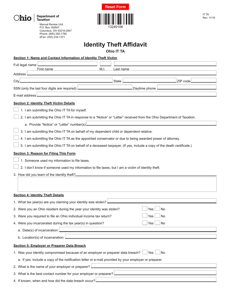 Form IT TA Identity Theft Affidavit - Ohio, Page 1
