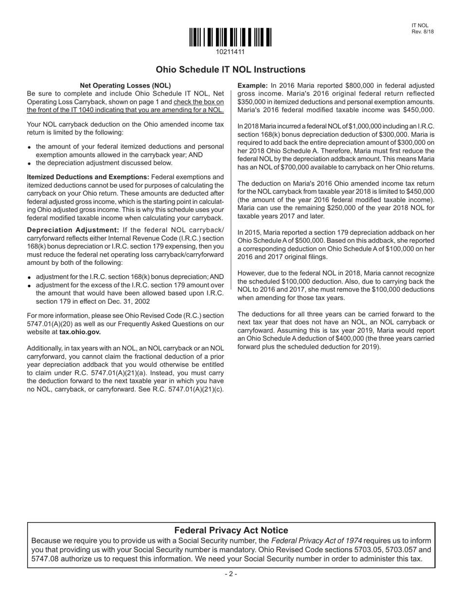 Schedule IT NOL Net Operating Loss Carryback - Ohio, Page 2