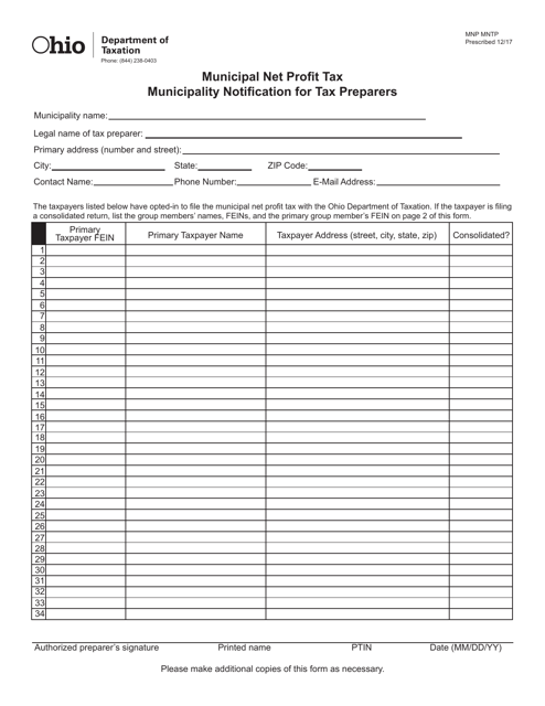 Form MNP MNTP Municipal Net Profit Tax Municipality Notification for Tax Preparers - Ohio