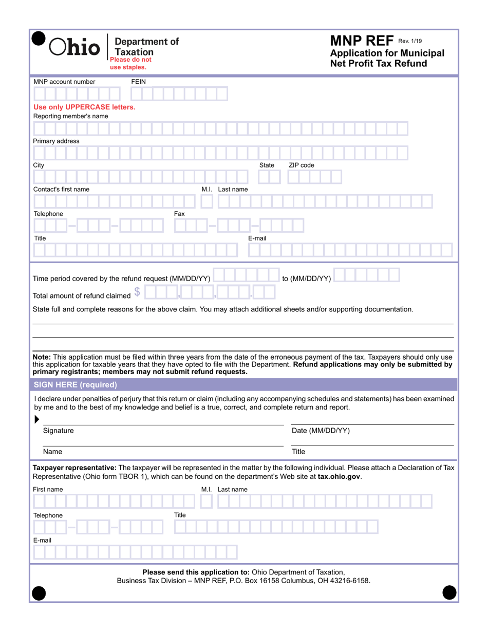 Form MNP REF Application for Municipal Net Profit Tax Refund - Ohio, Page 1