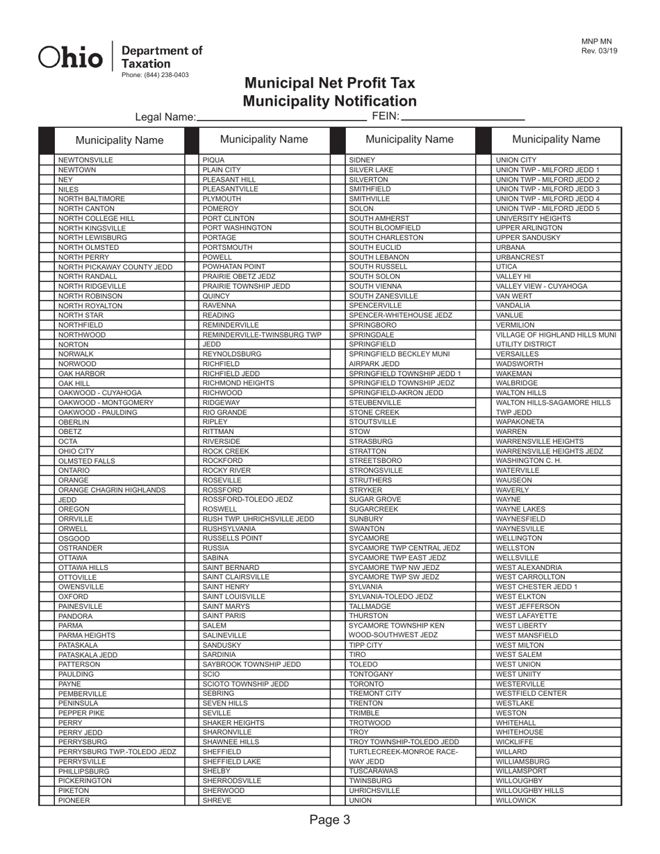 Form MNP MN Municipal Net Profit Tax Municipality Notification - Ohio, Page 3