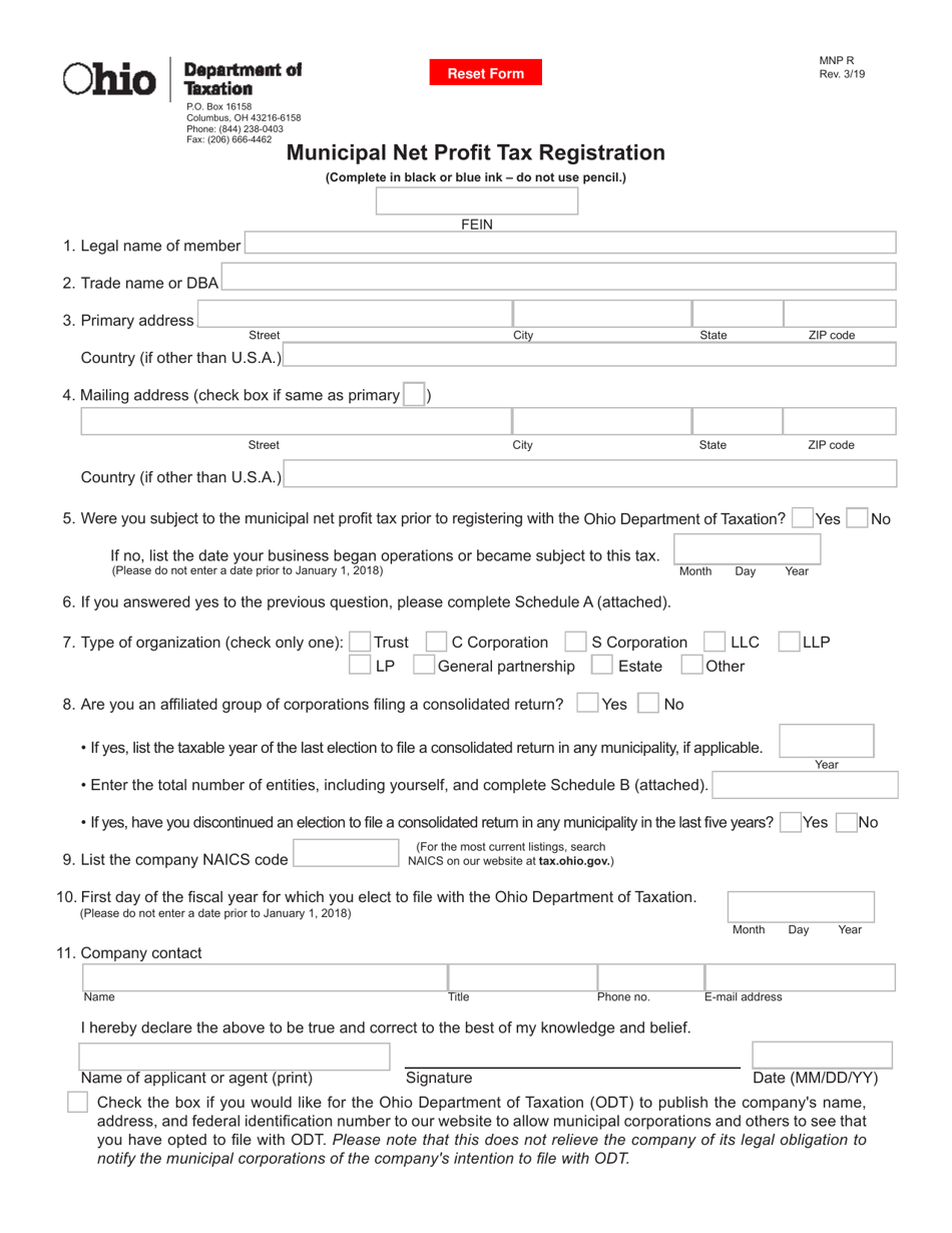Form MNP R Municipal Net Profit Tax Registration - Ohio, Page 1