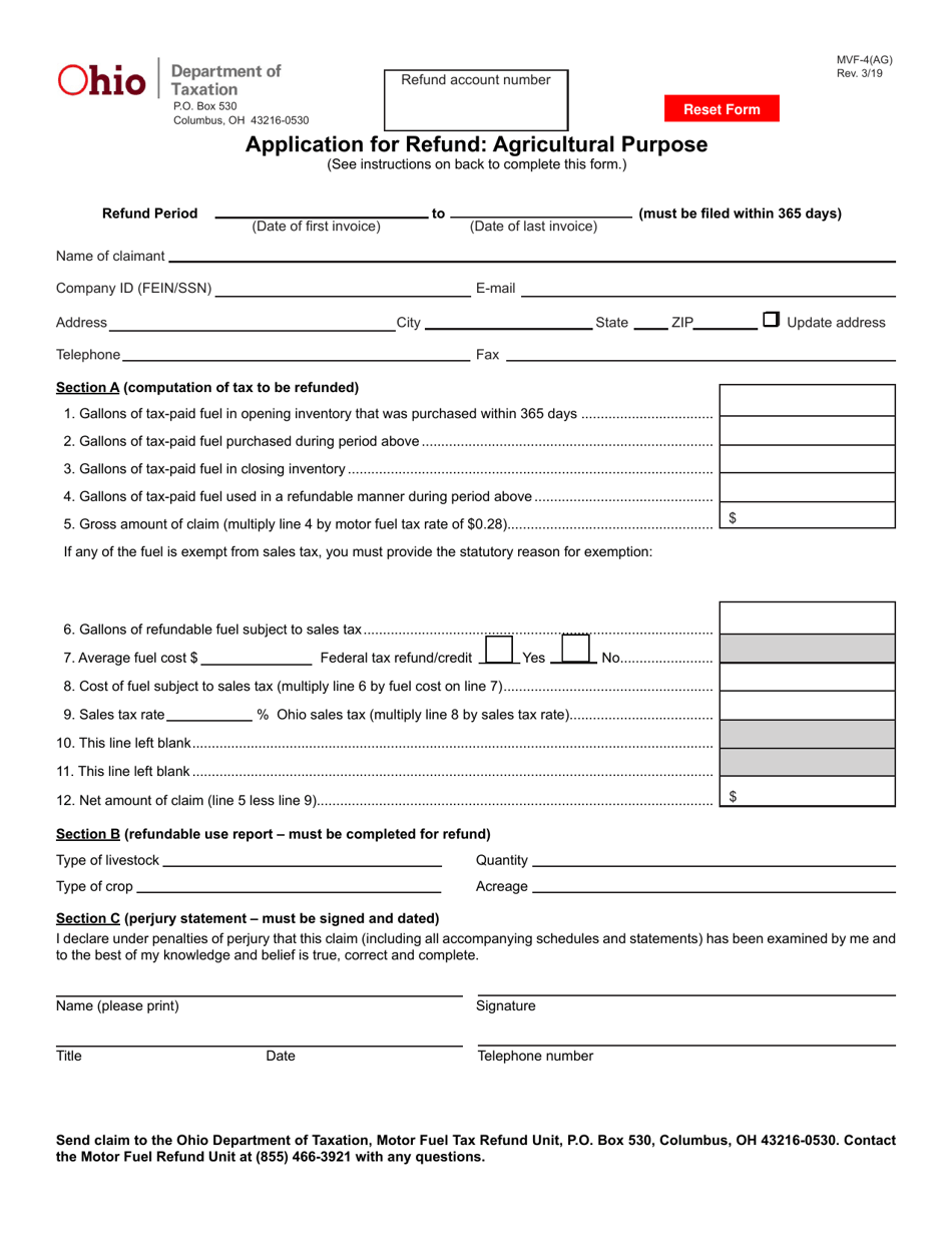 Form MVF-4(AG) Application for Refund - Agricultural Purpose - Ohio, Page 1