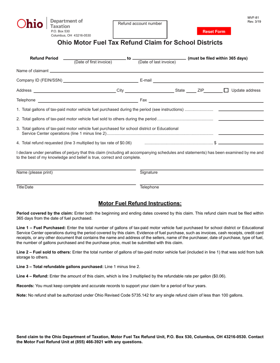 Form MVF-81 Ohio Motor Fuel Tax Refund Claim for School Districts - Ohio, Page 1