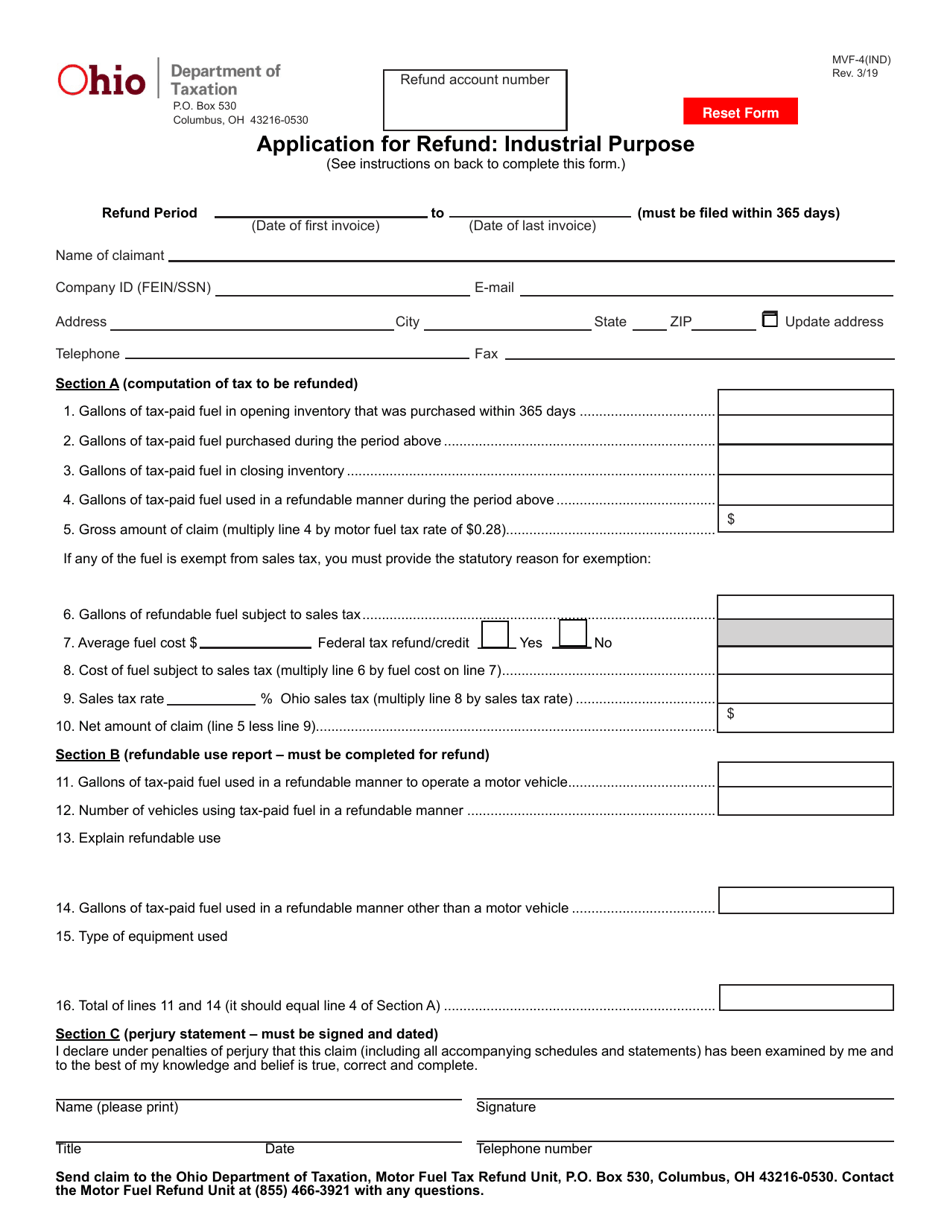 Form MVF-4(IND) Application for Refund: Industrial Purpose - Ohio, Page 1