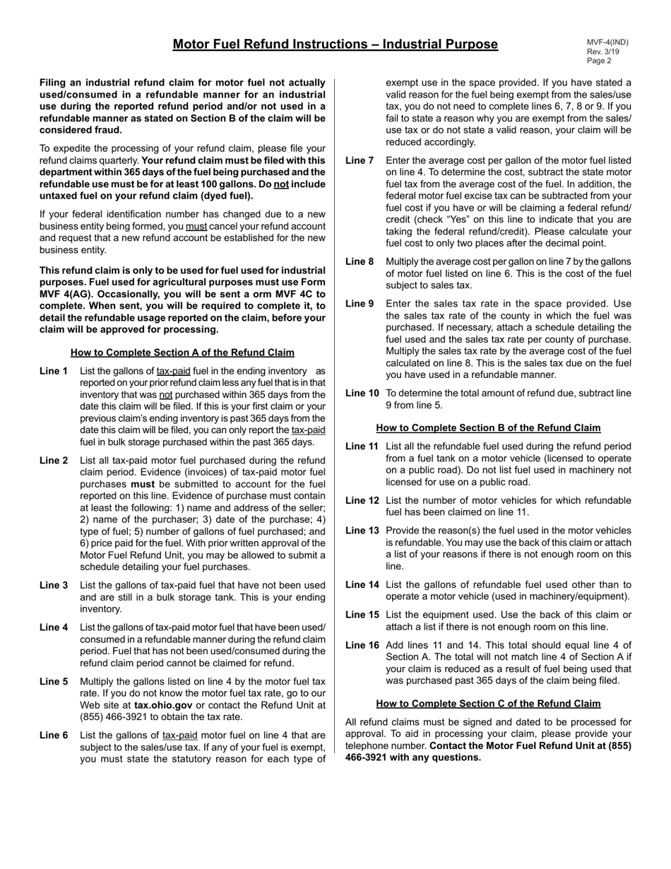 Form MVF-4(IND) Application for Refund: Industrial Purpose - Ohio, Page 2