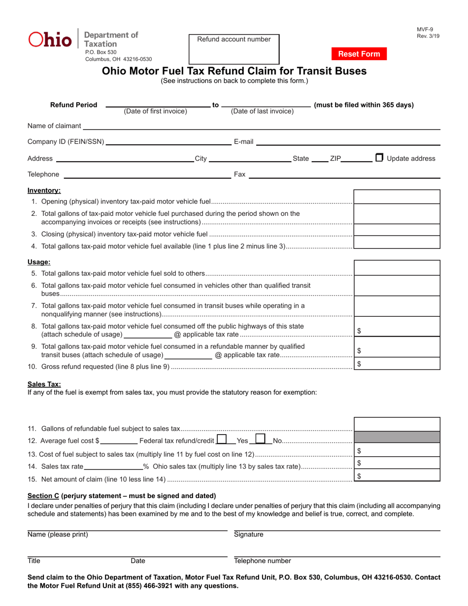 Form MVF-9 Ohio Motor Fuel Tax Refund Claim for Transit Buses - Ohio, Page 1
