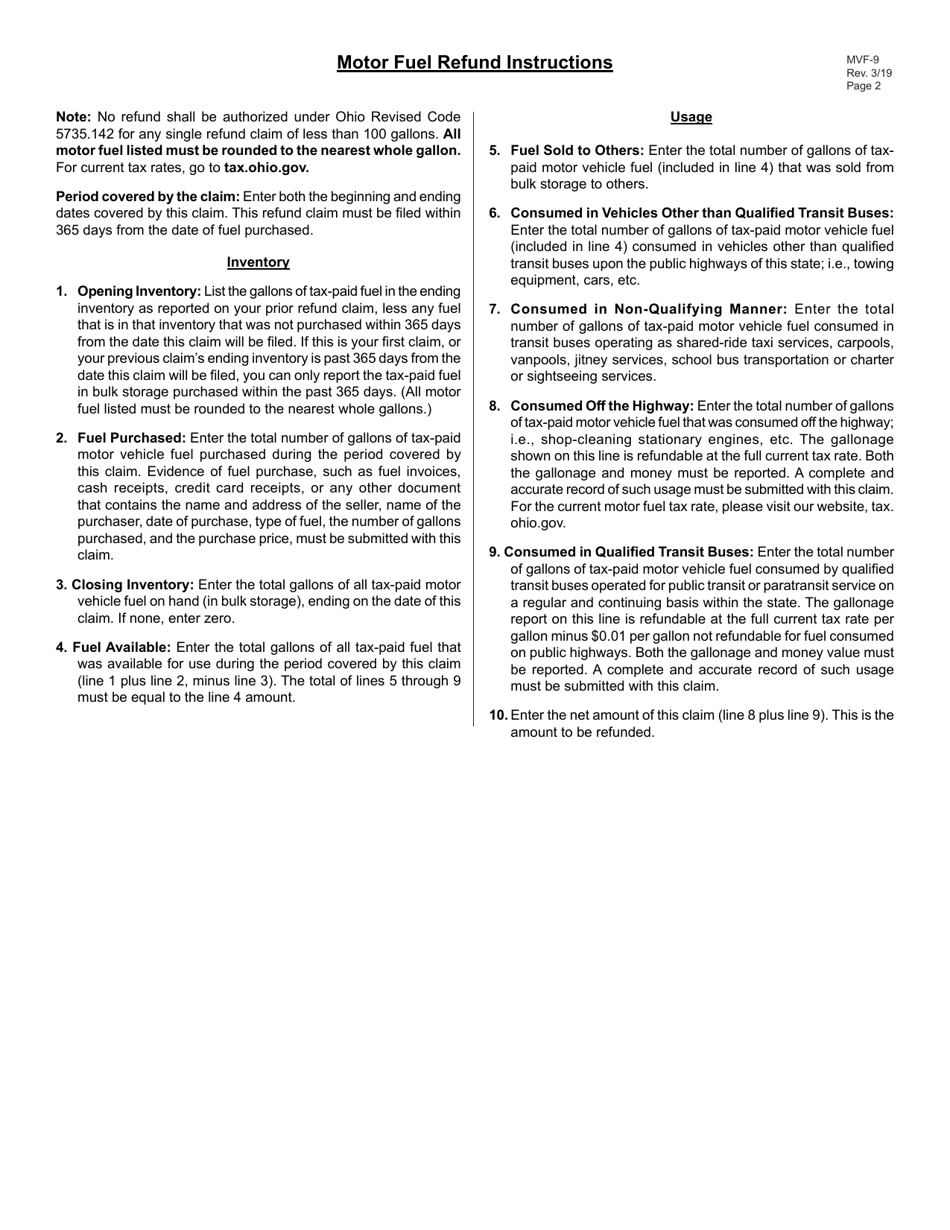 Form MVF-9 Ohio Motor Fuel Tax Refund Claim for Transit Buses - Ohio, Page 2